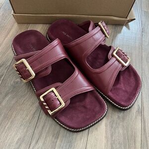 Free People Burgundy Square Toe Sandals with Gold Buckles, NEW IN BOX.